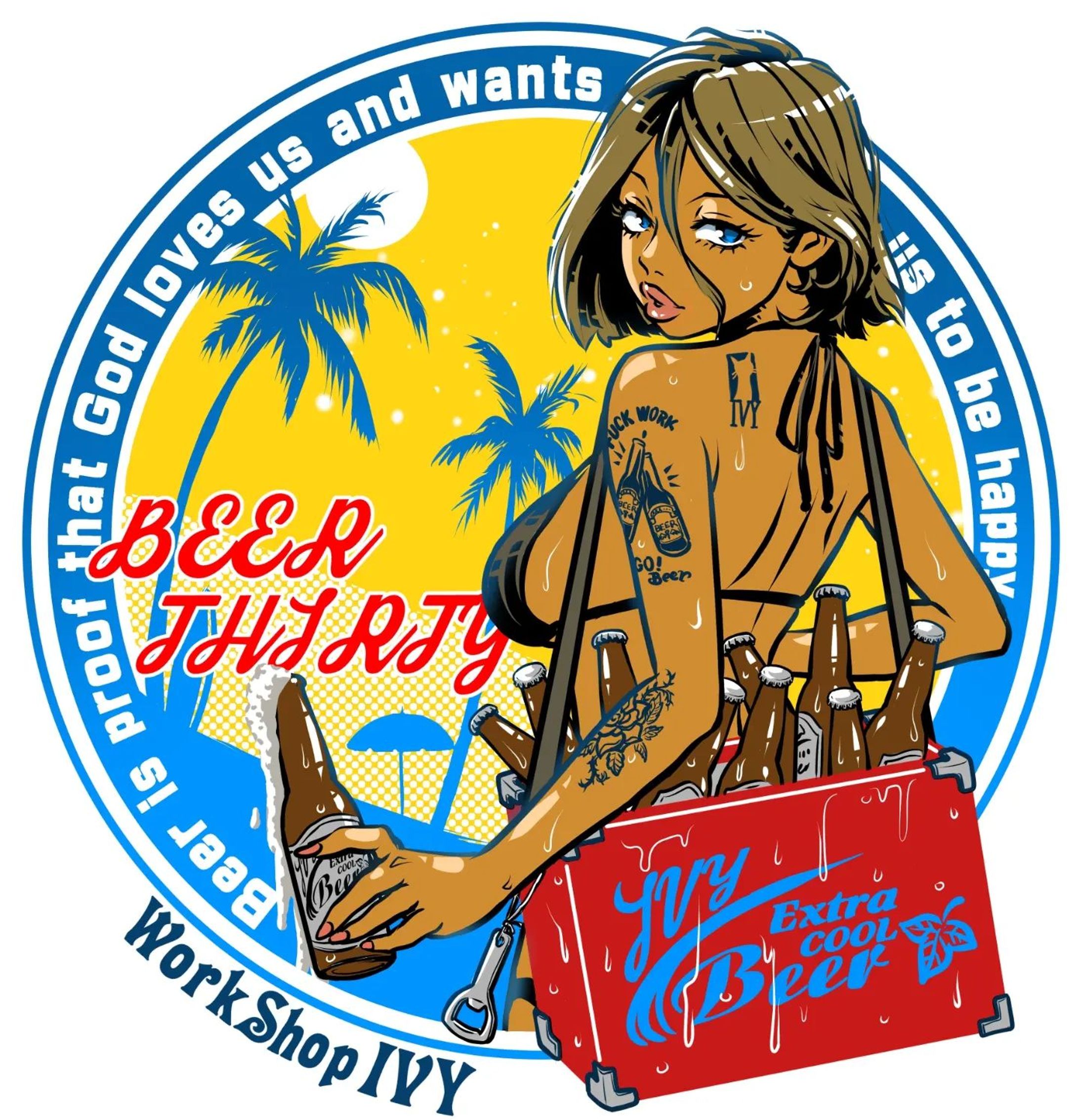 俺と同じビール好きには無条件で配布予定のステッカーイラスト完成しました。
モーニングカラーとサンセットカラーの２種類です。　 #girlsillustration #illustrator #イラストグラム #ビール #BEER-1