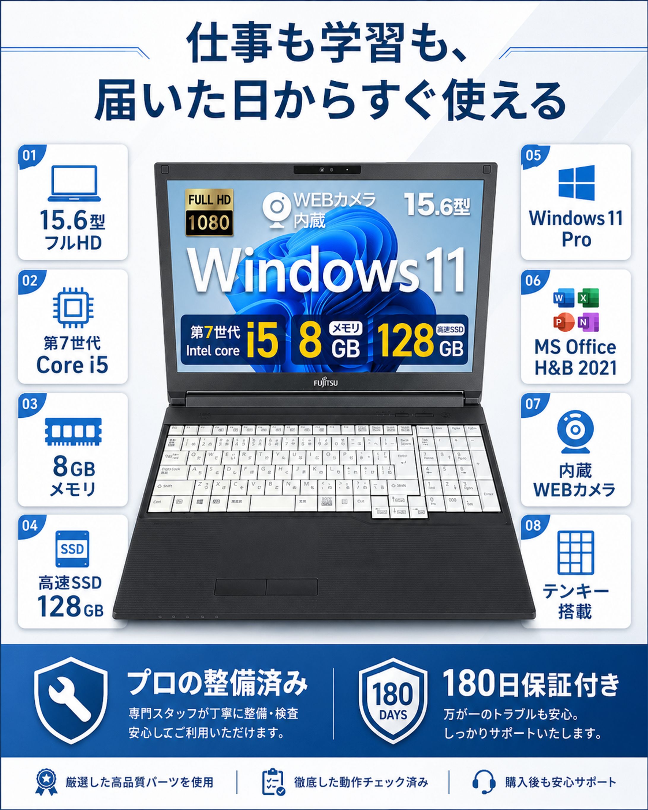 【ECクリエイティブ】【商品ページセット】【整備済み品】富士通 ノートパソコン A577/15.6型 フルHD/内蔵WEBカメラ/第7世代 Core i5/8GBメモリ/高速SSD 128GB /テンキー/MS Office H&B 2021/Win11 Pro/Wi‑Fi-1
