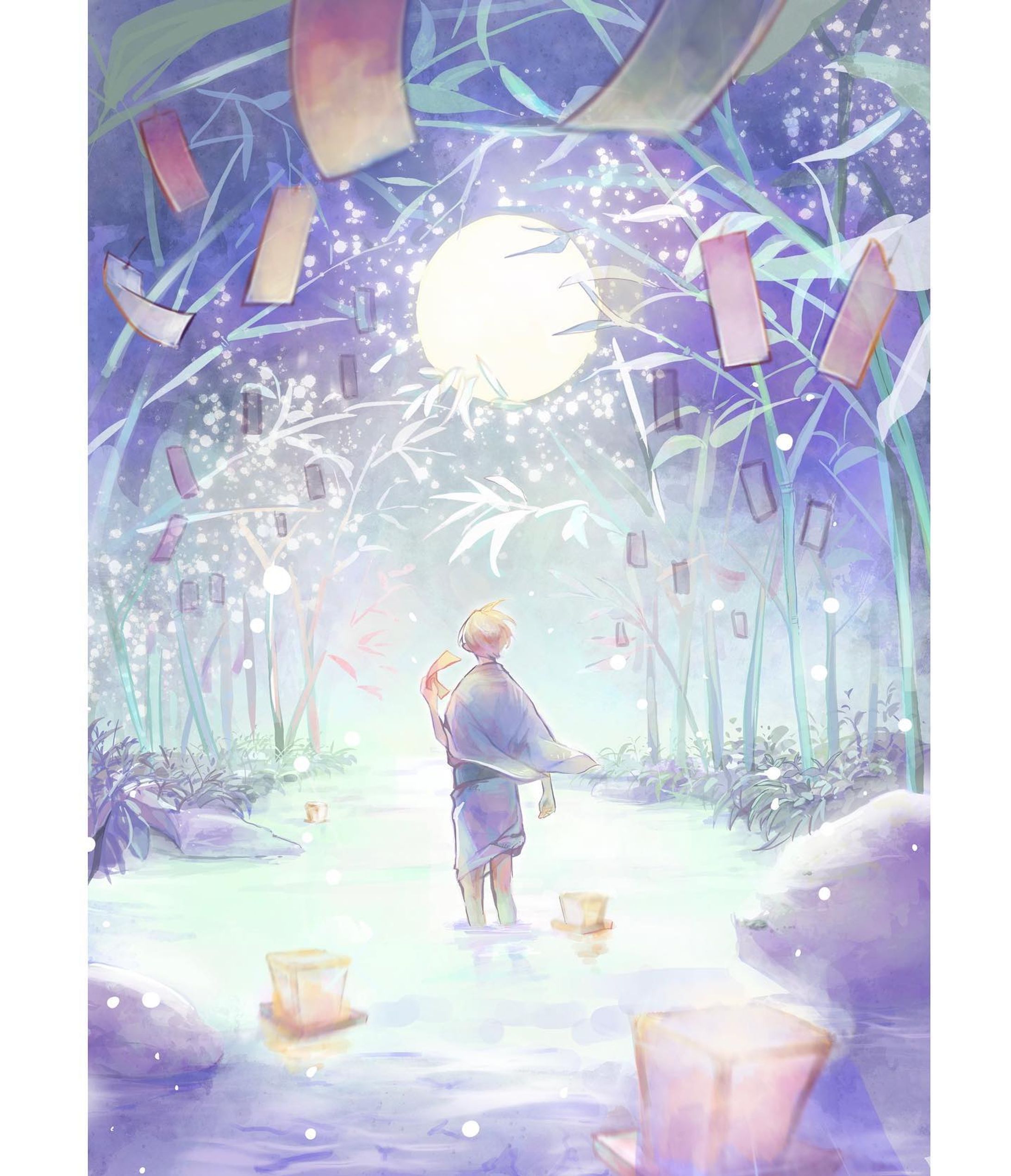 .
 
 
今宵、この願いごとが叶いますように...✨

　　
　
　
　
　
#illustration #illustgram #イラスト #illust #絵 #デジタルアート #art #その瞬間に物語を  #創作 #オリジナルイラスト  #淡い色合いが好き　#光 #期待 #願い #七夕 #天の川 #夜空 #竹 #笹の葉 #短冊 #川 #満月 #背中 #浴衣 #優しい　#ホッとする瞬間　#今この瞬間　
#Procreate #boy-1