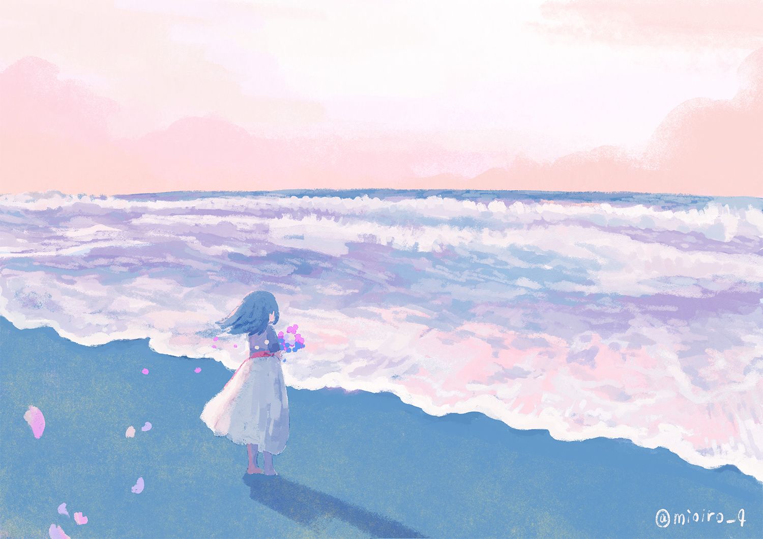 海と少女のパステル画 海と少女のイラスト