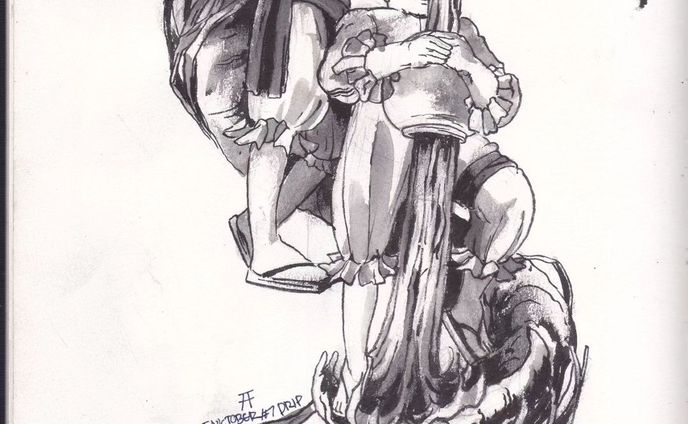 #inktober day 7: Drip
sumi ink, watercolor
.
.
.
.
.
.
.
.
.
.
#inktober2023 #inktober52 #ink #art #inkwork #blackandwhite #sketch #doodle #rakugaki  #comic #illustration #manga #character #figure #human #volume #sketchbook #sketch @inktober #perspective