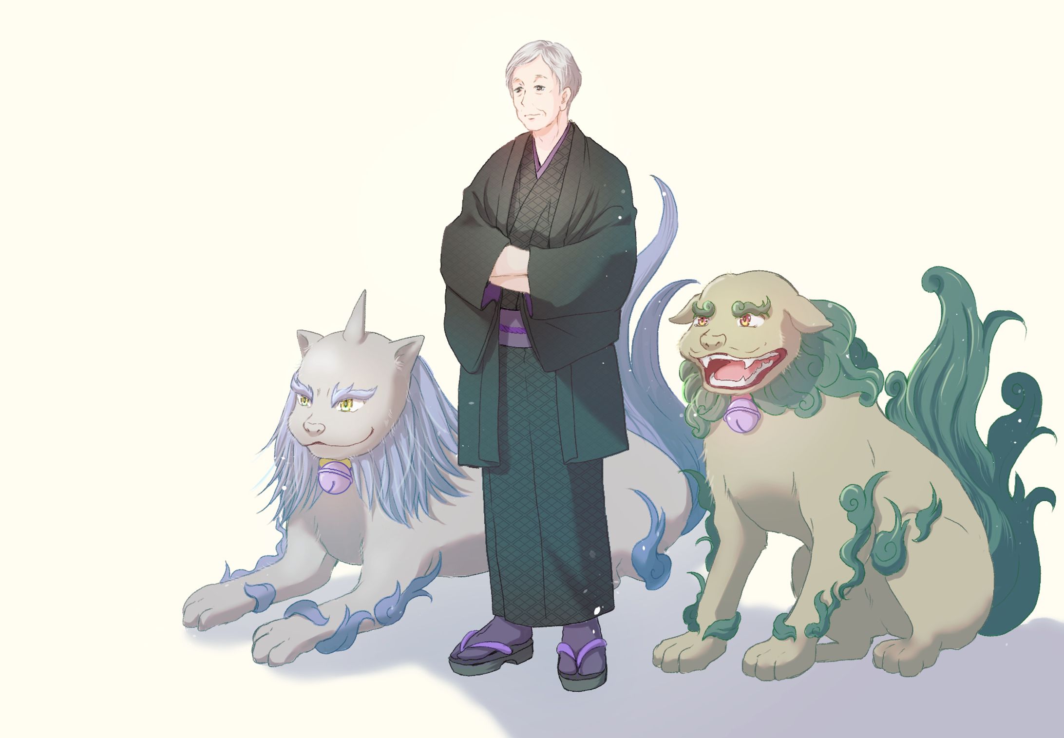 白髪の男性と獅子狛犬-1