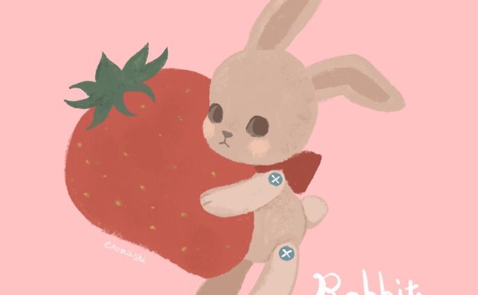 ウサギのぬいぐるみと苺🍓

#イラスト　#いらすとぐらむ  #illustration #苺　#うさぎ　#厚塗り