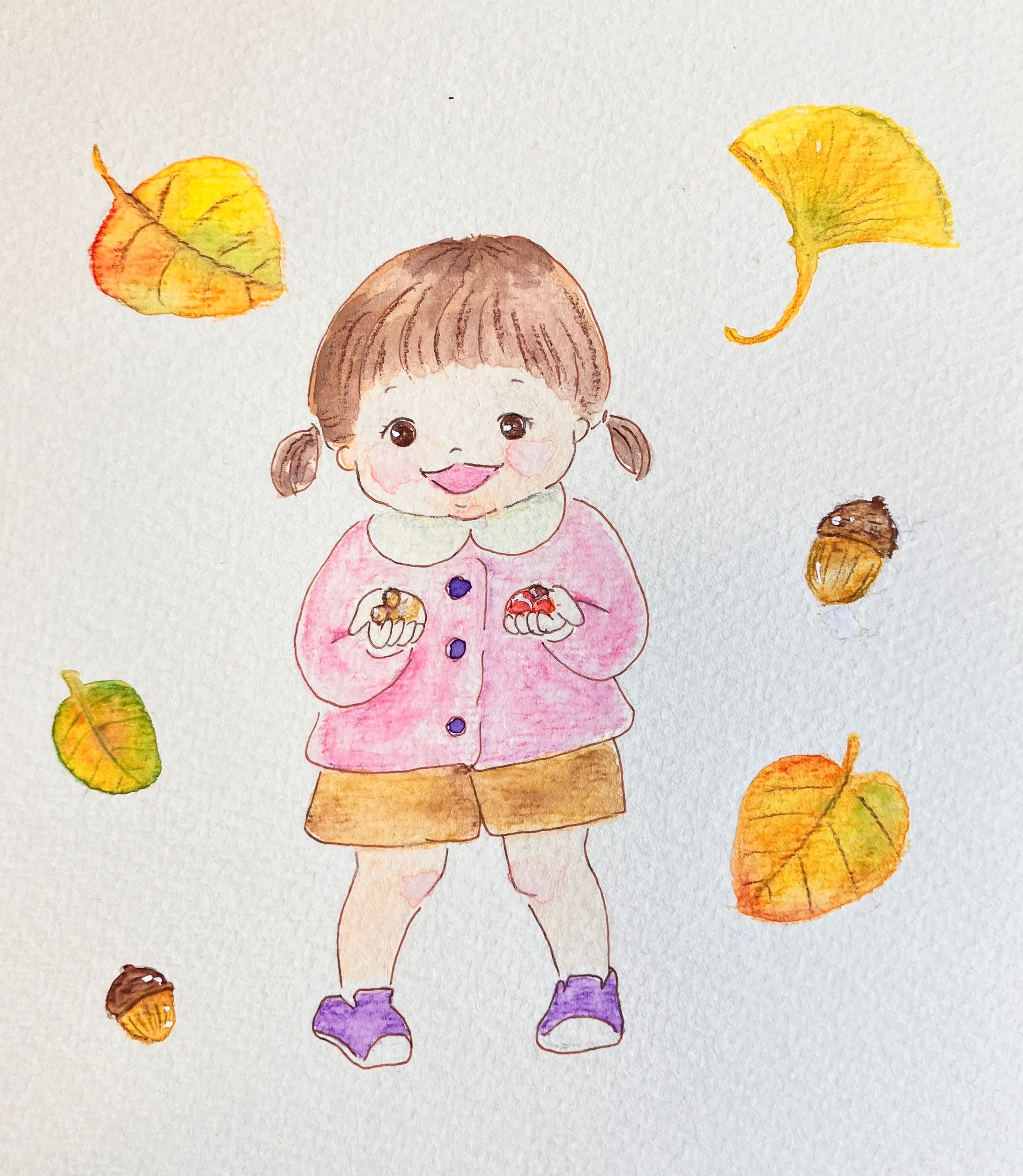 水彩　子どもと落ち葉-1