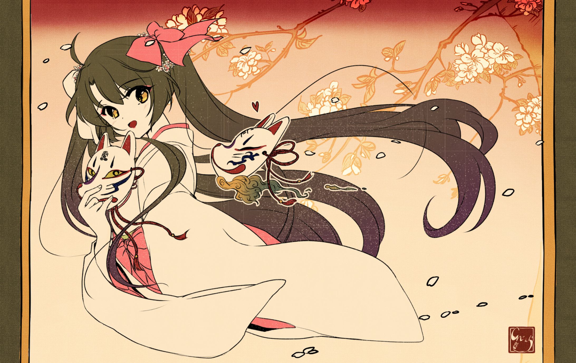 【浮世絵風絵柄】狐面と巫女-1