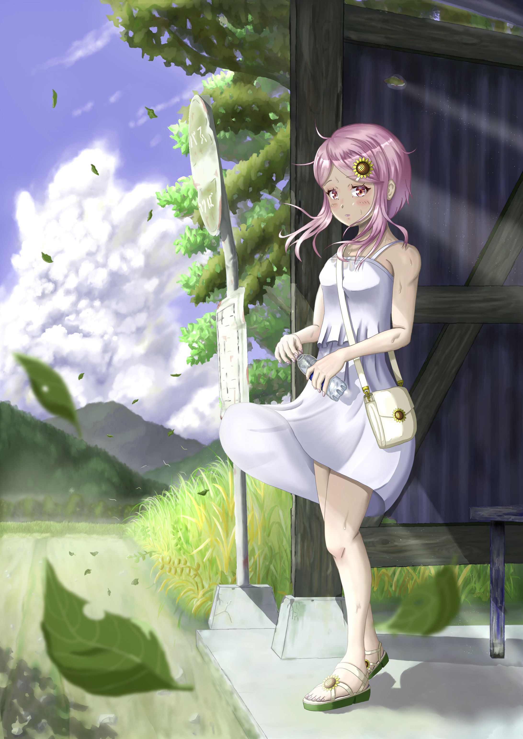 夏イラスト「バスを待つ少女」-1