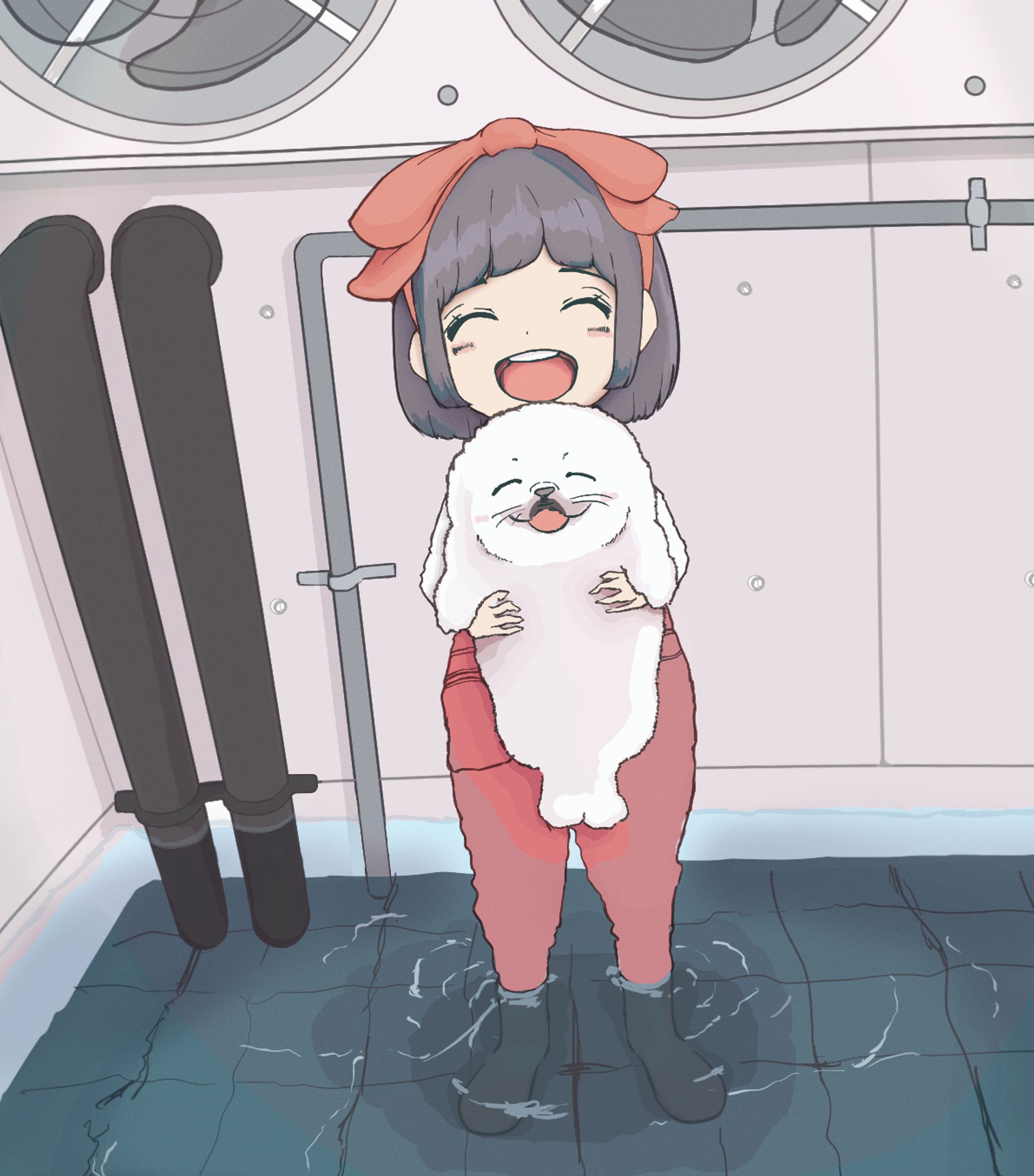 女の子とアザラシの赤ちゃんの絵-1