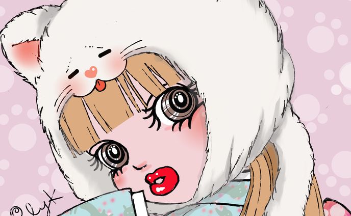 kimono girl with kitten cap