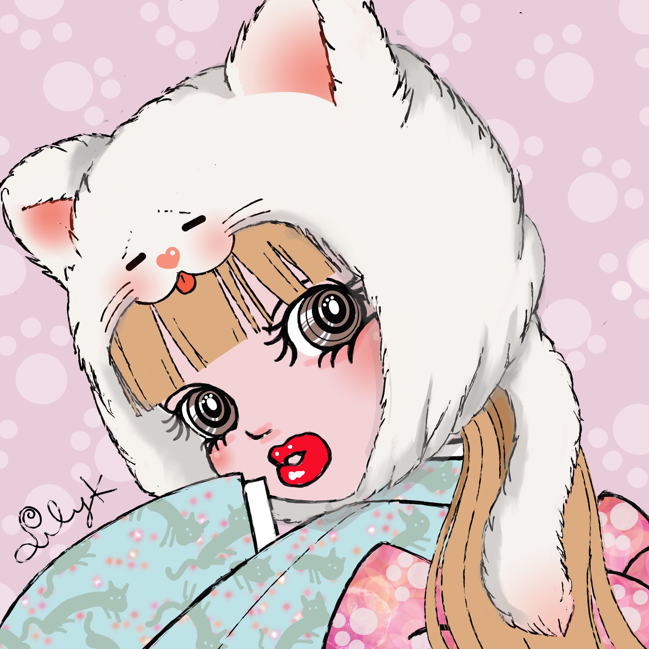 kimono girl with kitten cap-1