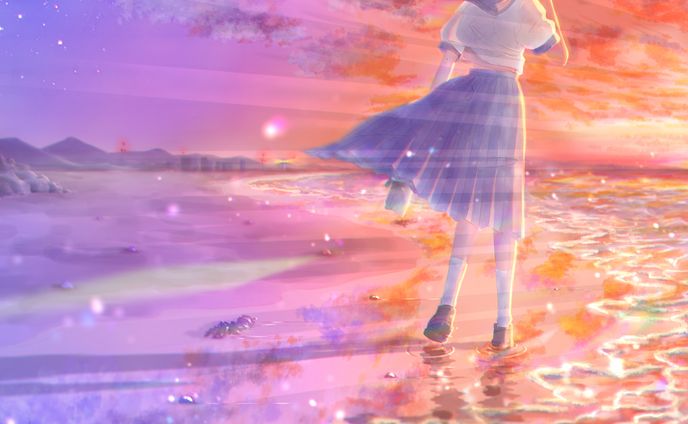少女と夕焼け、海、浜辺