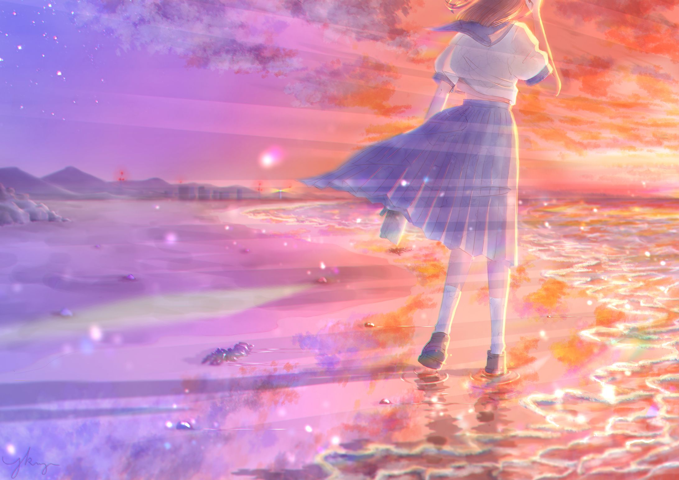 少女と夕焼け、海、浜辺-1