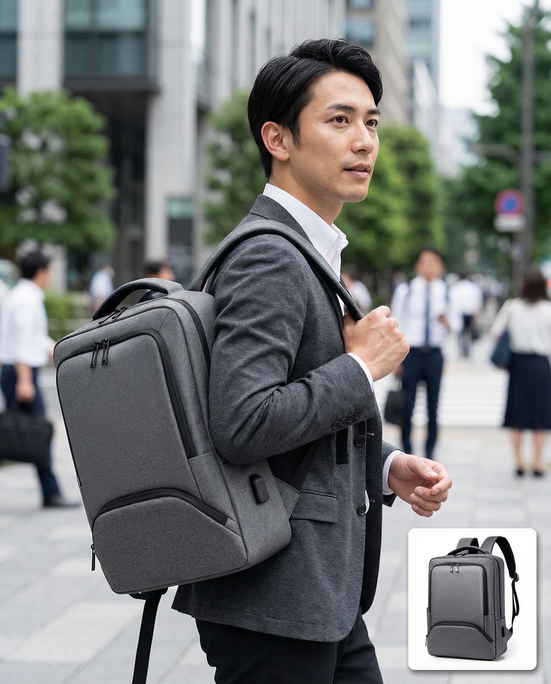 出張通勤シーン｜軽量バックパック（グレー&ブラック）-1