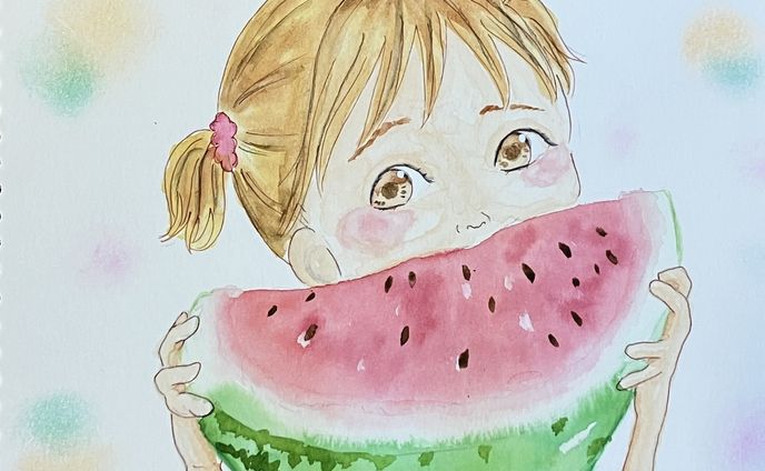 水彩　「種たべれる？」