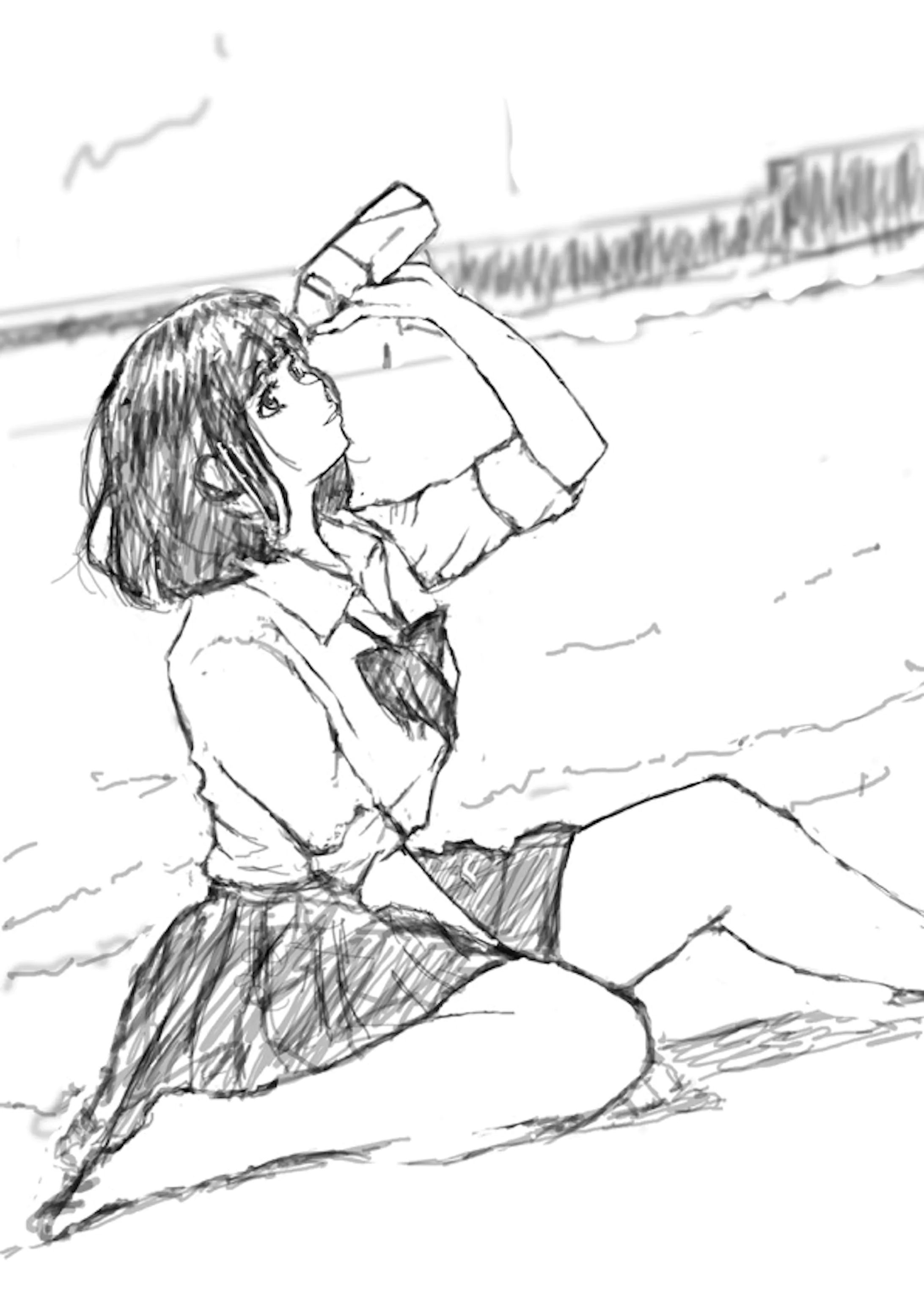 模写イラスト｜浜辺の制服女子-1