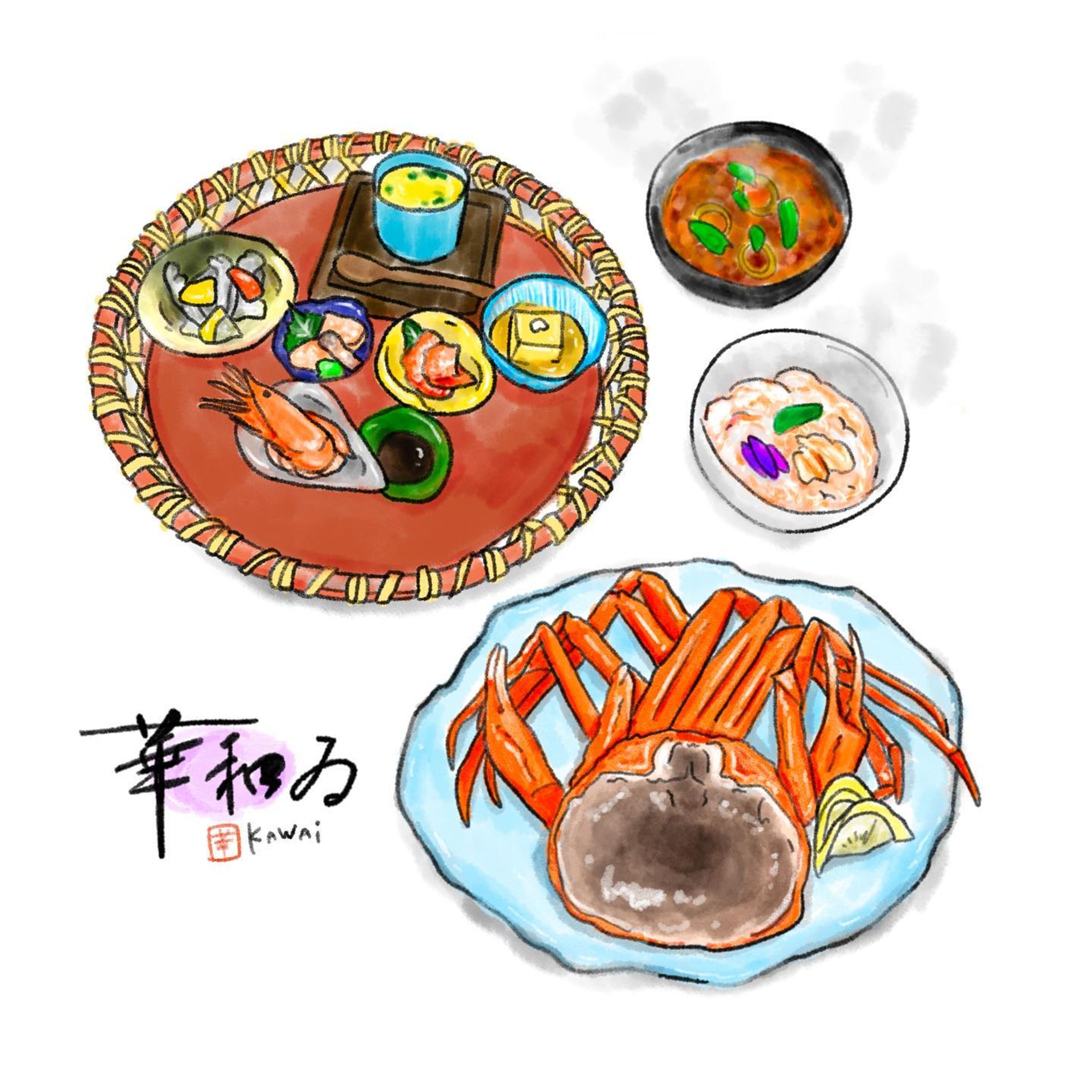 📍兵庫 / 香住

「蟹を食べるぞ🦀」

ということで
華和ゐ（ @kasumi_kawai )さんへ！

香住に降り立った瞬間
本当に人がいなくて、お店に辿り着けるのか不安で不安で😂笑

でもこの行動が穴場スポットを
上手くアテていました〜👏✨

城崎温泉あたりは
どうしても人が多くなってしまうので
少し先にいった香住で食べるのが1番良い観光の仕方らしいです😏💓

浜茹で　香住蟹御膳　丸１杯付き

・季節の前菜
酢物のお野菜、甘エビ、タコ、肴、甘味、茶碗蒸し

「海の幸！！！！」
って言いました🤭💓
素材の味を活かしつつ、味付けしてあるお料理とても好きです

・浜茹で香住がに
甘味があり、さっぱりとした後味の香住がに🦀
そのままでも美味しいし、酢につけても良し
（蟹をお酢につけるのは初）
個人的には茹でたり少し炙ったりするのが激うまでした☺️
（自己流の食べ方するやつ🤣）

・焼き甲羅味噌
蟹味噌はどう考えても最高🤩✨
ホカホカのご飯と一緒に旨し！

・炊き込み蟹ご飯、香物
蟹のオンパレードで高まる🤤
ホカホカのご飯と後ろにはお焦げ付きで😍

・デザート
柚子シャーベットでさっぱり🤩

小さい頃はご馳走様＝蟹って思っててお誕生日の時に食べてたかなあ
大人になるにつれて食べなくなってきて
小学生くらい？ぶりの蟹でした🤤💓

城崎温泉行くことがあったら
是非、香住の蟹🦀食べに行ってください🤭✨

ご馳走様でした🥰💓

#兵庫 #香住 #城崎温泉 #城崎温泉グルメ #蟹 #蟹料理 #美味しいもの巡り #旅行 #一人旅 #城崎 #食いしん坊 #hyogo #kinosaki #club #delicious #trip #お絵かき #イラスト #illustration #食べ物イラスト #全国旅行支援 #お出かけ #サイコロきっぷ-1