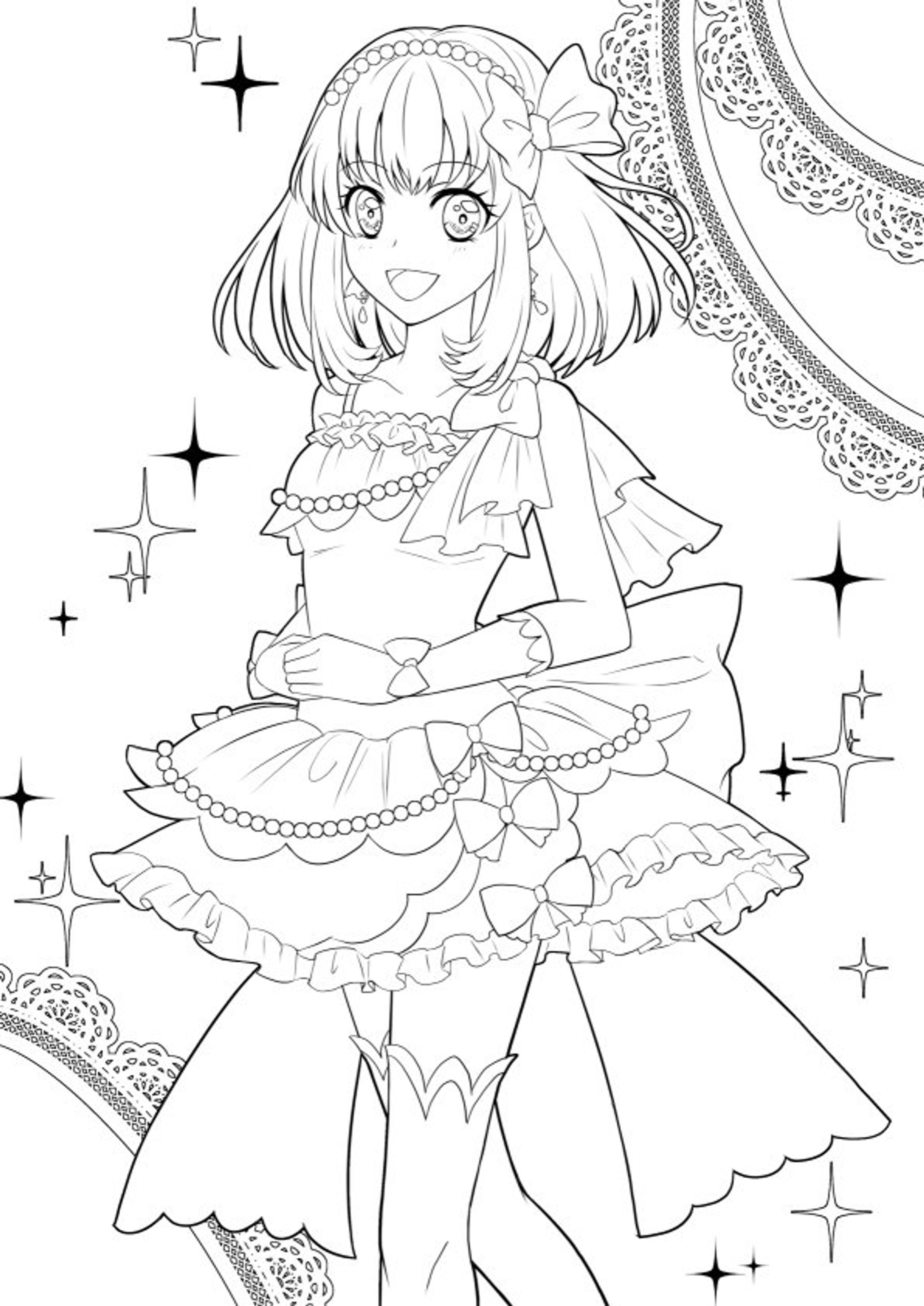 アイドルの女の子のぬり絵用線画-1