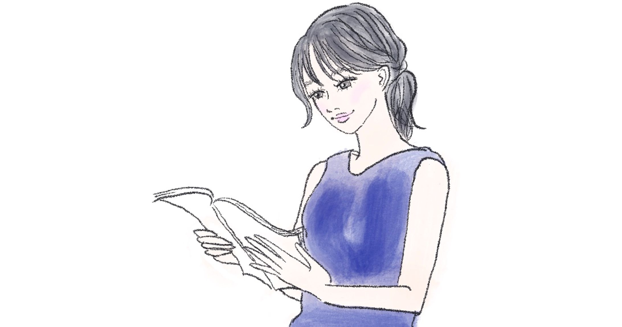 本を読む女性のイラスト／落ち着いた表情・手描き風-1