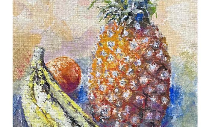 「パイナップルとバナナ」
アクリルガッシュ　キャンバス　F4

#アクリル画 #アクリルガッシュ #acrylicpainting #acrylicgouache 
#静物画 #果実 #パイナップル #バナナ #オレンジ #ターナー #ターナー色彩 #ターナーバースデー2023 #絵画 #art #painting #stilllife #stilllifepainting  #fruits #pineapple #banana #orange #turnercolour