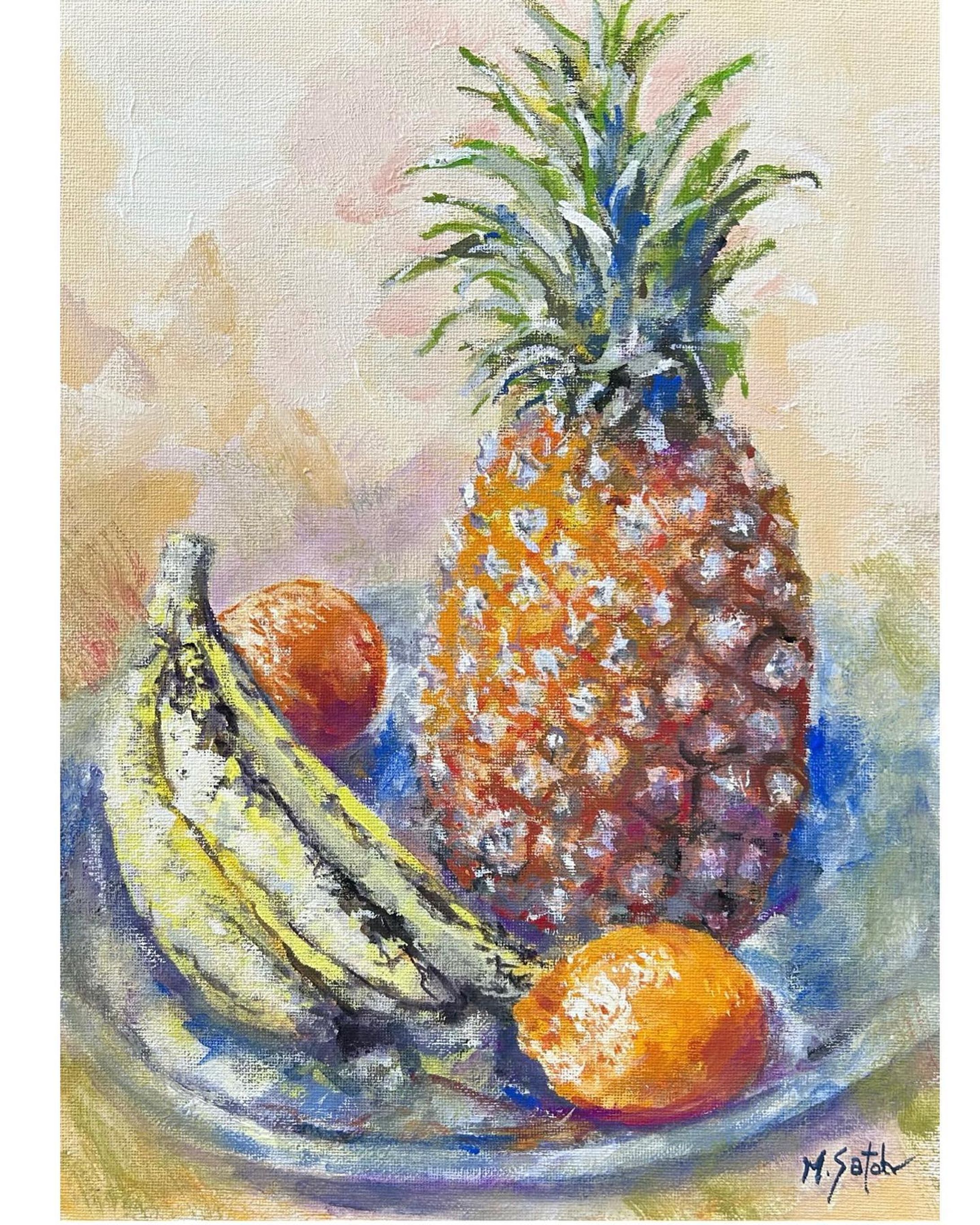 「パイナップルとバナナ」
アクリルガッシュ　キャンバス　F4

#アクリル画 #アクリルガッシュ #acrylicpainting #acrylicgouache 
#静物画 #果実 #パイナップル #バナナ #オレンジ #ターナー #ターナー色彩 #ターナーバースデー2023 #絵画 #art #painting #stilllife #stilllifepainting  #fruits #pineapple #banana #orange #turnercolour-1