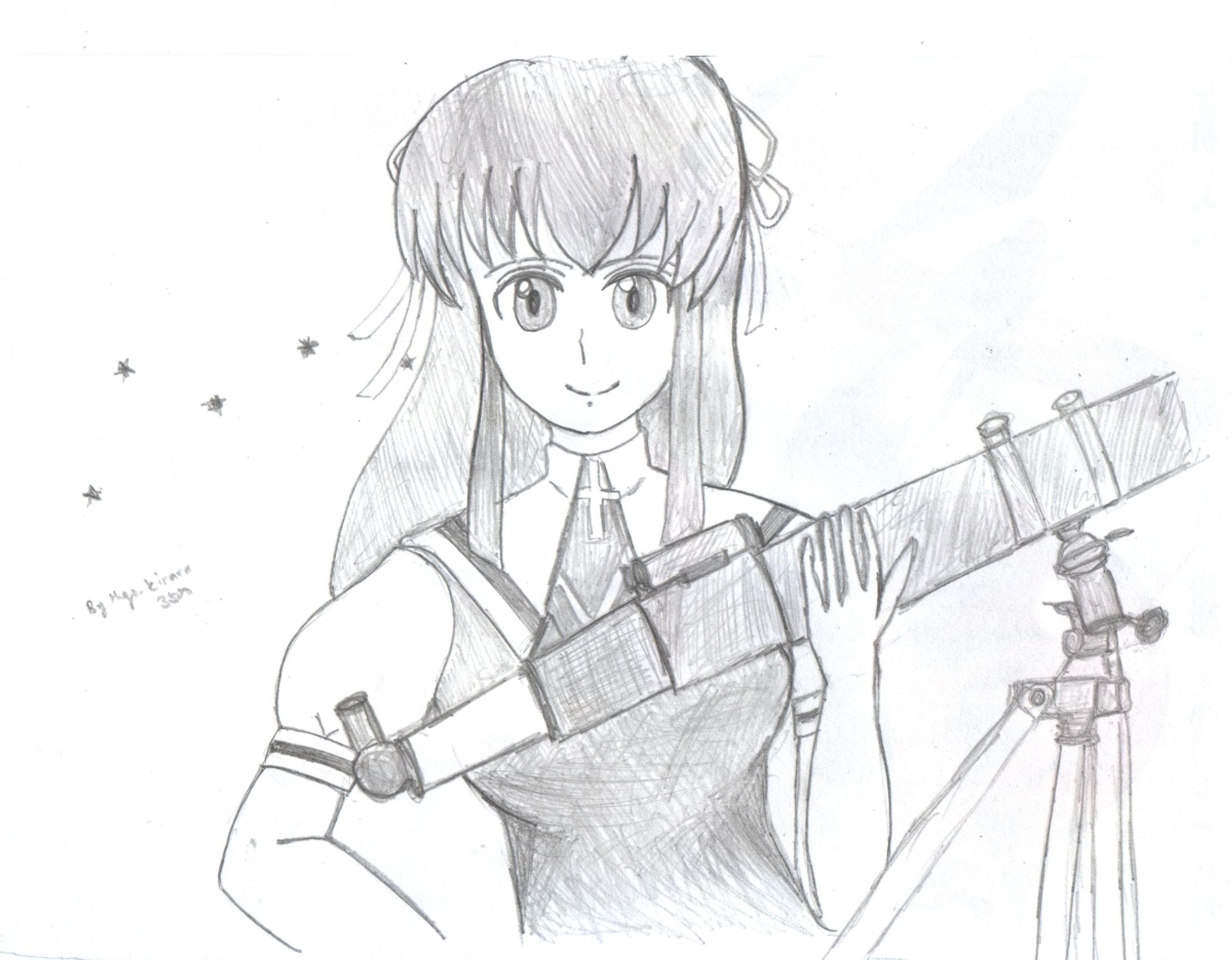 (Fanart)  (pencil drawing) Minagi uses telescope-1