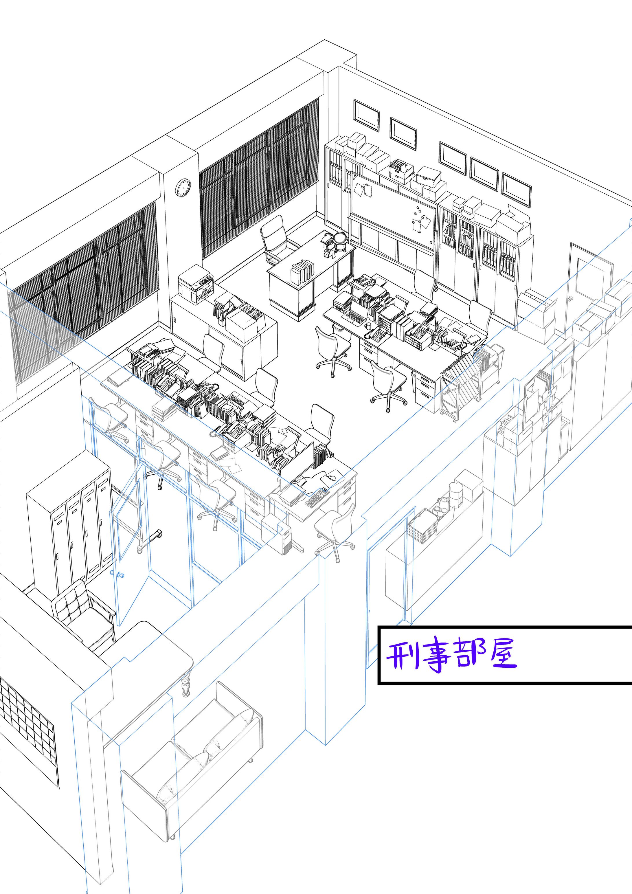 「刑事部屋とデザイナーズチェア」漫画用3Dモデル-1