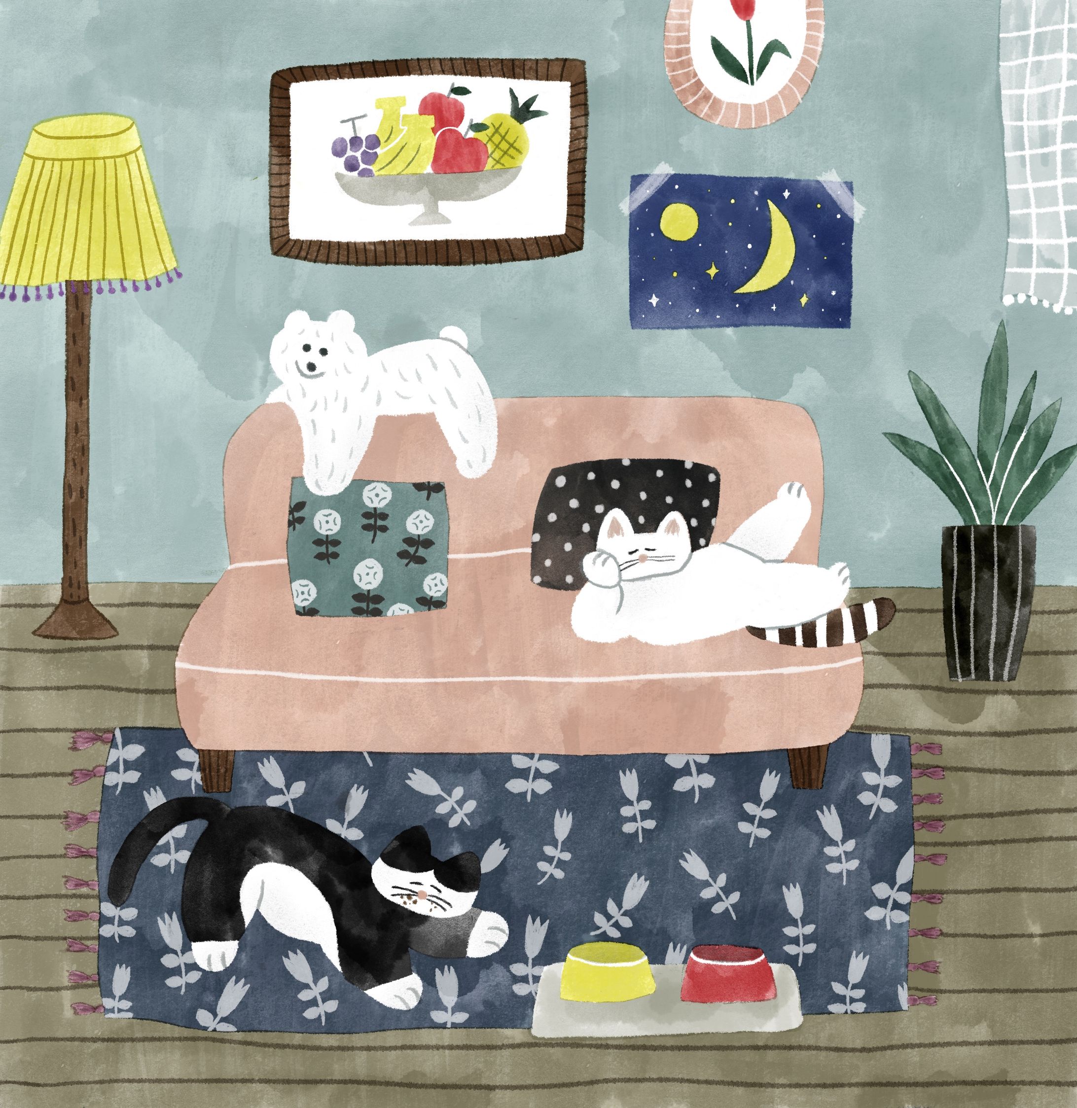 イラスト | 猫たちとくまのぬいぐるみ-1