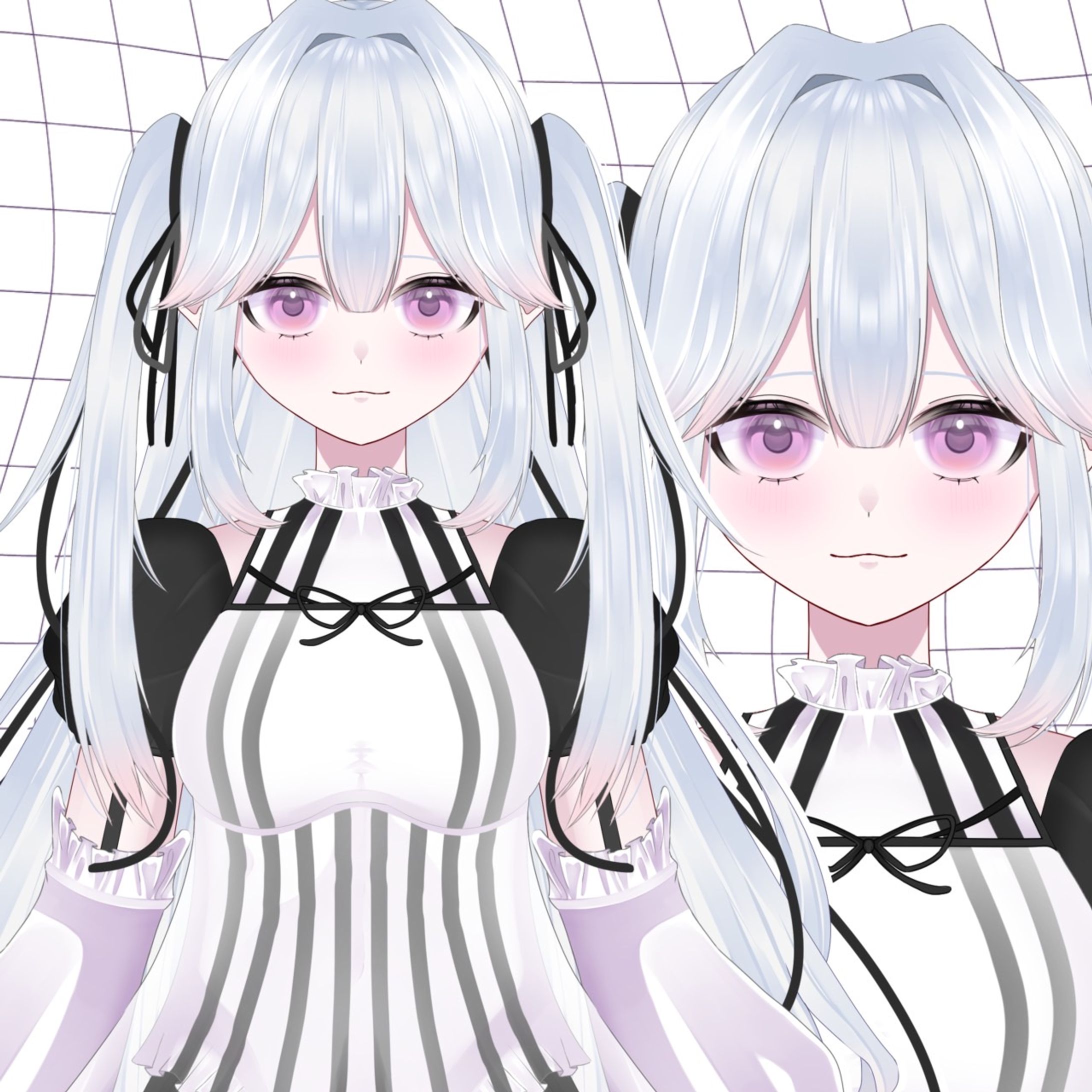 白髪黒リボンの女の子/パーツ分けイラスト-1