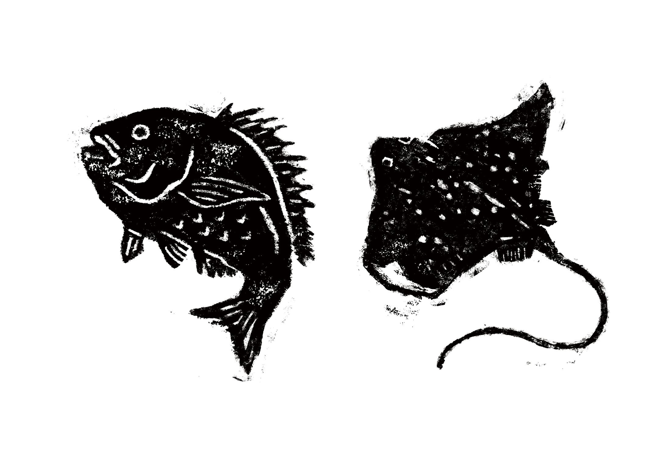 木版画風イラスト・鯛とトビエイ-1