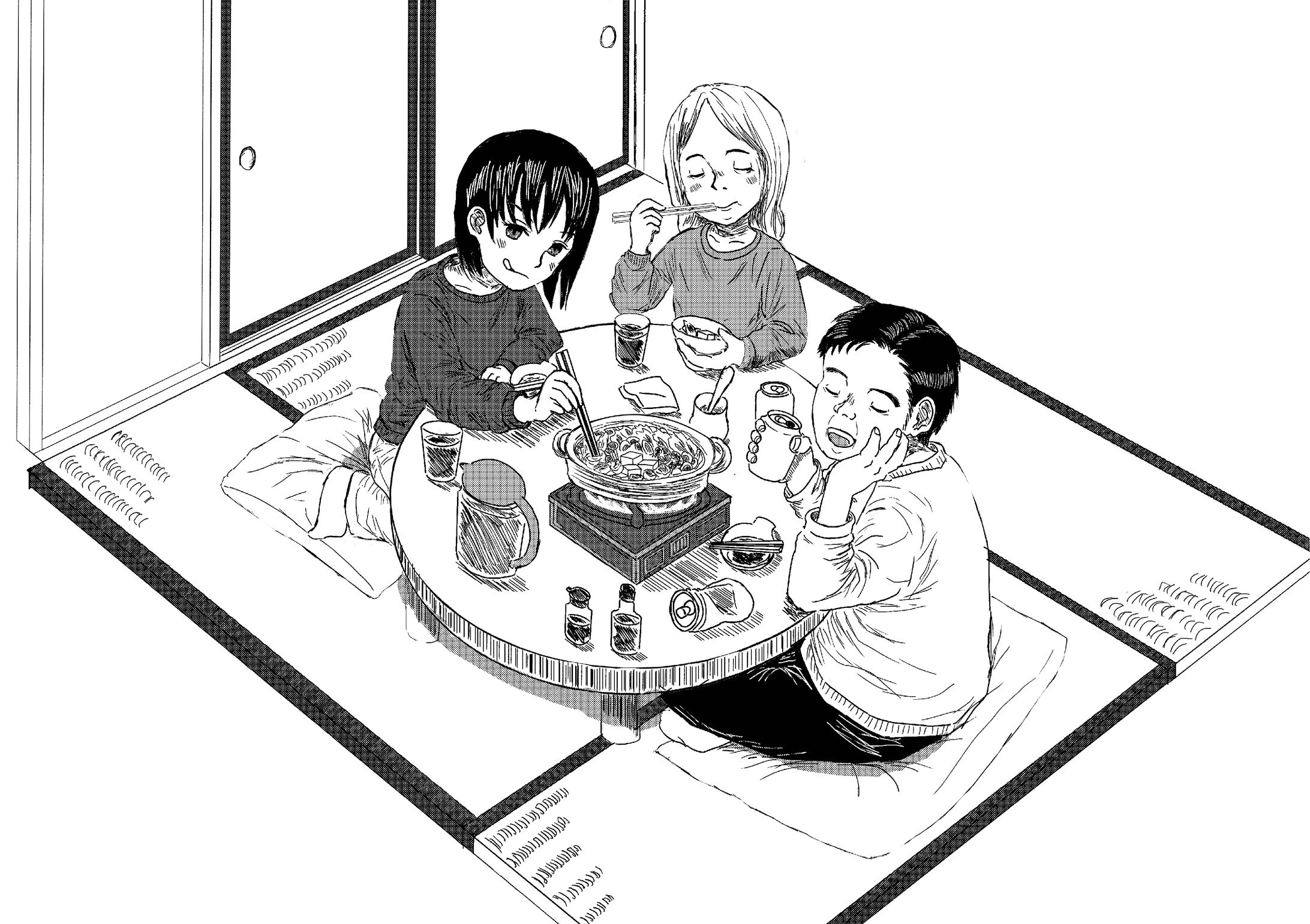 モノクロ　一家団欒シーン-1